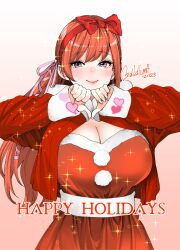 Rule 34 | 2023, blue eyes, breasts, christmas, cleavage, dress, feet out of frame, final fantasy, final fantasy xiv, hair between eyes, hair ribbon, happy holidays, heart, heart hands, highres, jacket, large breasts, light blush, lipstick, long hair, looking at viewer, makeup, ooshima ryou, pink ribbon, red jacket, red ribbon, ribbon, ryne waters, santa costume, santa dress, signature, simple background, smile, sparkle, upper body