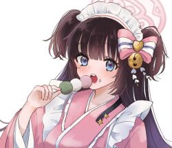 Rule 34 | 1girl, bell, black hair, blue archive, blue eyes, blunt bangs, blurry, bow, commentary request, dango, depth of field, food, food on face, hair bell, hair bow, hair ornament, halo, hand up, holding, holding food, japanese clothes, kimono, long hair, long sleeves, looking at viewer, maid headdress, open mouth, pink bow, pink halo, pink kimono, ririnono (sakuraba77), sanshoku dango, shizuko (blue archive), simple background, solo, teeth, two side up, upper teeth only, wagashi, white background, wide sleeves
