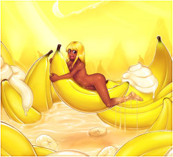 Rule 34 | 1girl, ami dixie, banana, blonde hair, breasts, commentary, cream, dark-skinned female, dark skin, food, fruit, full body, futanari, happy, long hair, looking at viewer, modeseven, newhalf, no nose, nude, open mouth, original, penis, pudding, purple eyes, small breasts, smile, solo, straddling, wet, whipped cream