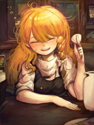 Rule 34 | 1girl, black dress, blonde hair, blush, bow, braid, breasts, buttons, closed eyes, cup, drawing (object), dress, drunk, hair between eyes, hair bow, hand up, highres, kirisame marisa, long hair, medium breasts, messy hair, no headwear, open mouth, paper, piaki, puffy short sleeves, puffy sleeves, shirt, short sleeves, single braid, sitting, smile, solo, squeans, table, teeth, tongue, touhou, wall, white bow, white shirt, window