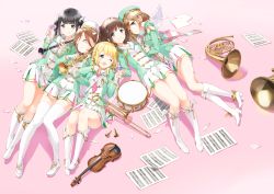 Rule 34 | 5girls, :q, ;d, angel wings, band, band uniform, beret, black hair, blonde hair, blue eyes, blush, boots, braid, brown eyes, brown hair, clarinet, closed eyes, drum, feathers, girl sandwich, hair ornament, hat, instrument, long hair, looking at viewer, miniskirt, multiple girls, one eye closed, open mouth, original, purple eyes, sandwiched, scarf, sheet music, short hair, skirt, smile, striped clothes, striped scarf, thighhighs, tiv, tongue, tongue out, trumpet, twintails, uniform, violin, white footwear, white legwear, wings