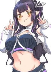 Rule 34 | 1girl, black hair, black skirt, black tube top, blunt bangs, blush, breasts, closed mouth, clothing cutout, demon girl, demon horns, double w, highres, horns, islandz, jacket, kojo anna, kojo anna (2nd costume), long hair, looking at viewer, medium breasts, midriff, multicolored hair, nanashi inc., navel, official alternate costume, pointy ears, purple hair, shoulder cutout, shrug (clothing), simple background, skirt, sleeves past wrists, smile, solo, strapless, sugar lyric, tube top, twintails, two-tone hair, upper body, virtual youtuber, w, white background, white jacket, yellow eyes