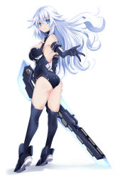 Rule 34 | 1girl, ass, bare shoulders, black heart (neptunia), blue eyes, breasts, cleavage, full body, gloves, highres, holding, holding weapon, iwashi dorobou -r-, long hair, looking at viewer, medium breasts, neptune (series), smile, solo, symbol-shaped pupils, very long hair, weapon, white hair