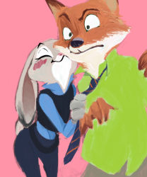Rule 34 | artist request, blush, rabbit, disney, fox, highres, judy hopps, nick wilde, pink background, police, police uniform, simple background, smile, standing, tagme, uniform, upper body, zootopia