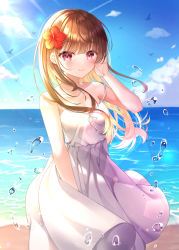 Rule 34 | 1girl, absurdres, bad id, bad pixiv id, beach, bingyam, bird, blue sky, blunt bangs, breasts, brown hair, cleavage, closed mouth, cloud, collarbone, commentary, contrail, day, dress, flower knight girl, hair blowing, hand in own hair, hibiscus (flower knight girl), highres, horizon, huge filesize, looking at viewer, medium hair, ocean, outdoors, red eyes, scenery, sky, smile, solo, standing, summer, sundress, symbol-only commentary, water drop, wedding dress, white dress