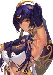 Rule 34 | 1girl, arabian clothes, arm up, armpits, blue eyes, blue hair, breasts, candace (genshin impact), dark-skinned female, dark skin, enshou (namarien), genshin impact, heterochromia, highres, large breasts, looking at viewer, parted lips, presenting armpit, short hair with long locks, solo, sweat, upper body, white background, yellow eyes