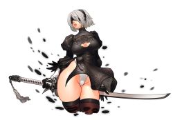 Rule 34 | 1girl, black dress, blindfold, breasts, cleavage, cleavage cutout, clothing cutout, dress, feather-trimmed sleeves, highleg, highleg leotard, leotard, louten, medium breasts, nier (series), nier:automata, panties, pantyshot, parted lips, puffy sleeves, short hair, side slit, silver hair, skindentation, solo, sword, thick thighs, thighhighs, thighs, underwear, upskirt, vambraces, weapon, white leotard, wide hips, 2b (nier:automata)