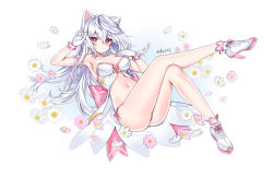Rule 34 | 1girl, alternate breast size, animal ears, arm garter, arm up, armpits, ass, babydoll, bare arms, bare legs, bare shoulders, breasts, cat ears, elsword, eve (elsword), facial mark, flower, gloves, hand up, heart, heart-shaped pupils, high heels, highres, legs up, long hair, looking at viewer, mal poi, medium breasts, navel, panties, pink panties, plantar flexion, red eyes, shoes, side-tie panties, solo, stomach, strapless, string panties, symbol-shaped pupils, thighs, toes, underwear, underwear only, white babydoll, white background, white footwear, white gloves, white hair