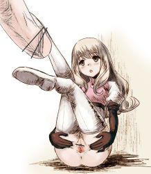 Rule 34 | aire (final fantasy), blonde hair, censored, dress, elbow gloves, final fantasy, gloves, hikari no 4 senshi, hou (hachiyou), long hair, open mouth, penis, pointless censoring, pussy, sitting, spread pussy, thighhighs