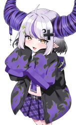 Rule 34 | 1girl, :d, absurdres, ahoge, belt, belt buckle, black belt, black jacket, blush, brown eyes, buckle, collared shirt, commentary request, crescent, crescent hair ornament, crop top, demon horns, fangs, grey hair, hair ornament, hands up, highres, hololive, horns, jacket, la+ darknesss, la+ darknesss (casual), long sleeves, looking at viewer, midriff, multicolored hair, navel, official alternate costume, open clothes, open jacket, open mouth, plaid, plaid skirt, pleated skirt, pointy ears, puffy long sleeves, puffy sleeves, purple hair, purple skirt, shirt, simple background, skirt, sleeves past fingers, sleeves past wrists, smile, solo, streaked hair, tosyeo, virtual youtuber, white background, white shirt