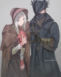 Rule 34 | 1boy, 1girl, ascot, bloodborne, blue eyes, bonnet, cloak, coat, doll, doll joints, dress, closed eyes, from software, gloves, grey background, guri otoko, hat, heart, heart hands, highres, hunter (bloodborne), joints, looking at viewer, mask, mouth mask, plain doll, short hair, thumbs up, tricorne, white hair