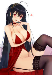 Rule 34 | 1girl, :d, ahoge, azur lane, bare arms, bare shoulders, black hair, blush, breast hold, breasts, brown thighhighs, choker, cleavage, cocktail dress, collarbone, covered erect nipples, dress, finger to mouth, garter straps, hair ornament, halter dress, halterneck, hand up, heart, highres, knee up, large breasts, long hair, looking at viewer, navel, no panties, ocarino, official alternate costume, open mouth, red choker, red dress, red eyes, saliva, saliva trail, sidelocks, sitting, smile, solo, stomach, taihou (azur lane), taihou (forbidden feast) (azur lane), thighhighs, tongue, tongue out, very long hair, white background