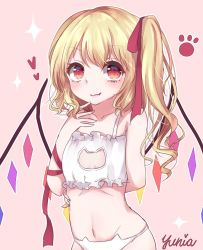 Rule 34 | 1girl, arm behind back, artist name, bare shoulders, blonde hair, bra, cat cutout, cat ear panties, cat lingerie, cleavage cutout, closed mouth, clothing cutout, collarbone, fang, flandre scarlet, flat chest, groin, hair ribbon, hand to own mouth, hand up, meme attire, navel, orange eyes, panties, paw print, red ribbon, ribbon, side ponytail, solo, sparkle, stomach, touhou, underwear, underwear only, white bra, white panties, wings, yuria (kittyluv)