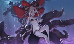 Rule 34 | 1girl, abigail williams (fate), abigail williams (swimsuit foreigner) (fate), abigail williams (swimsuit foreigner) (first ascension) (fate), bare shoulders, bikini, black bikini, black bow, bow, breasts, collarbone, colored skin, creature, double bun, fate/grand order, fate (series), glowing, glowing eye, grin, hair bun, highres, keyhole, long hair, looking at viewer, multiple bows, navel, ne.corn, orange bow, parted bangs, red eyes, sidelocks, small breasts, smile, swimsuit, tentacles, third eye, underwater, very long hair, white hair, white skin