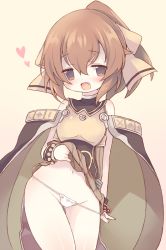 Rule 34 | 1girl, :d, bad id, bad twitter id, bangle, bare shoulders, black cape, blush, bracelet, breasts, brown background, brown cape, brown eyes, brown hair, brown ribbon, brown shirt, brown skirt, brown sleeves, cape, clothes lift, commentary request, delthea (fire emblem), detached sleeves, fang, fire emblem, fire emblem echoes: shadows of valentia, gradient background, groin, hair between eyes, hair ribbon, heart, high ponytail, jewelry, lifted by self, looking at viewer, multicolored cape, multicolored clothes, navel, nintendo, open mouth, panties, panty pull, ponytail, pulled by self, ribbon, shirt, sidelocks, single detached sleeve, skirt, skirt lift, sleeveless, sleeveless shirt, small breasts, smile, solo, teu (navy), underwear, white panties
