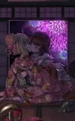 Rule 34 | 2girls, absurdres, arm support, backlighting, blonde hair, blunt bangs, blush, breasts, brown hair, closed eyes, face-to-face, facing another, fireworks, floral print, hair bun, highres, hug, indoors, japanese clothes, kimono, kiss, leaning back, leaning forward, long sleeves, looking at another, medium breasts, multicolored hair, multiple girls, night, night sky, original, pink hair, print kimono, single hair bun, sitting, sky, surprised, tatami, two-tone hair, wanashi tam, yuri