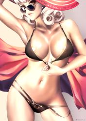 Rule 34 | 1girl, areola slip, arm up, armpits, aviator sunglasses, bikini, bikini pull, black bikini, breasts, brown-tinted eyewear, brown eyes, carmilla (fate), carmilla (swimsuit rider) (fate), carmilla (swimsuit rider) (first ascension) (fate), clothes pull, contrapposto, covered erect nipples, curly hair, fate/grand order, fate (series), hat, highres, large breasts, lips, looking at viewer, looking over eyewear, looking over glasses, makeup, mascara, navel, pulled by self, queasy s, red hat, solo, standing, sun hat, sunglasses, swimsuit, teeth, tinted eyewear, towel, twitter username, underboob, upper teeth only, white hair
