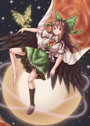 Rule 34 | 1girl, absurdres, atom, bird, bird wings, black socks, black wings, bow, breasts, brown eyes, brown hair, cape, chinese commentary, closed mouth, collared shirt, commentary request, crossed bangs, crow, dai tou ben liu, flying, frilled shirt collar, frilled skirt, frills, full body, green bow, green skirt, grey footwear, hair bow, highres, large breasts, loafers, long hair, looking at viewer, medium bangs, orange background, puffy short sleeves, puffy sleeves, reiuji utsuho, shirt, shoes, short sleeves, sidelocks, single shoe, single sock, skirt, sky, smile, socks, solo, star (sky), starry sky, sun, third eye, touhou, white cape, white shirt, wings, yatagarasu