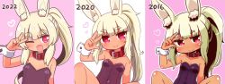 Rule 34 | 1girl, 2016, 2020, 2022, ;d, animal ear fluff, animal ears, artist progress, bare shoulders, blonde hair, blush, breasts, closed mouth, collar, commentary request, covered navel, etrian odyssey, fang, hand up, heart, heart-shaped pupils, highres, leotard, long hair, looking at viewer, masurao 2 (sekaiju), multiple views, naga u, one eye closed, open mouth, playboy bunny, ponytail, purple eyes, purple leotard, rabbit ears, red collar, sekaiju no meikyuu, sekaiju no meikyuu 5, small breasts, smile, strapless, strapless leotard, symbol-shaped pupils, thick eyebrows, upper body, very long hair, wrist cuffs