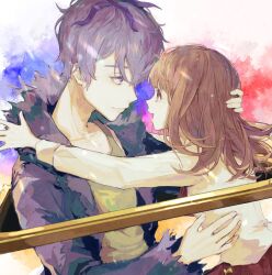 Rule 34 | 1boy, 1girl, abstract background, brown hair, coat, commentary request, eye contact, fur collar, garry (ib), highres, hug, ib (ib), ib (kouri), kotobuki nashiko, long hair, looking at another, open clothes, open coat, open mouth, picture frame, purple coat, purple eyes, purple hair, shirt, smile, through medium, through painting, upper body, white shirt