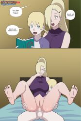 Rule 34 | 1boy, 1girl, absurdres, age difference, anal, bare shoulders, barefoot, bed, blonde hair, blue eyes, book, boruto: naruto next generations, breasts, censored, clothed sex, covering own mouth, echigakureart, echigakureart (artist), english text, hair ornament, hair over one eye, hand covering mouth, hand over mouth, hand over own mouth, hetero, highres, huge breasts, incest, large breasts, lifting another&#039;s clothes, lifting person, long hair, mature female, mother and son, naruto (series), older woman and younger man, open mouth, ponytail, pussy, size difference, tagme, yamanaka ino, yamanaka inojin