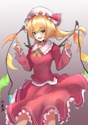 Rule 34 | 1girl, :d, absurdres, alternate eye color, cowboy shot, crystal, flandre scarlet, gradient background, grey background, hat, hat ribbon, highres, index finger raised, long sleeves, looking at viewer, mob cap, open mouth, red ribbon, red shirt, red skirt, ribbon, shirt, skirt, smile, solo, standing, touhou, white hat, wings, yagoro kusuriya, yellow eyes