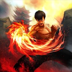 Rule 34 | black pants, clenched hands, fei long, fire, muscular, pagoda, pants, shouting, sky, street fighter, yellow sky