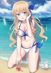 Rule 34 | 1girl, aly (wei983999767), aqua eyes, beach, bikini, blonde hair, breasts, cleavage, cloud, cloudy sky, day, hair ribbon, tucking hair, highres, horizon, kneeling, long hair, looking at viewer, medium breasts, multi-strapped bikini bottom, multi-strapped bikini top, navel, open mouth, outdoors, ribbon, ribbon-trimmed bikini, seashell, shell, side-tie bikini bottom, sky, solo, swimsuit