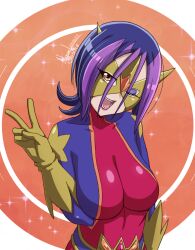 1girl artist_name bodysuit breasts curvy dated domino_mask droite_(yu-gi-oh!) female_focus large_breasts lipstick looking_at_viewer makeup mask multicolored_hair nanaeljustice one_eye_closed open_mouth orange_eyes shiny_clothes skin_tight smile solo teeth tongue two-tone_hair v yu-gi-oh! yu-gi-oh!_zexal