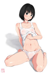 Rule 34 | 1girl, absurdres, amego, arm behind back, arm support, artist logo, bad id, bad pixiv id, barefoot, black eyes, black hair, breasts, cameltoe, clothes lift, commentary request, covered erect nipples, dated, full body, head tilt, highres, leaning back, leaning to the side, legs, light frown, looking at viewer, original, panties, parted lips, see-through, shadow, shirt lift, short hair, side-tie panties, sitting, small breasts, solo, stomach, tank top, underwear, underwear only, white background