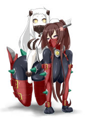 Rule 34 | 10s, 2girls, abyssal ship, bdsm, black bodysuit, bodysuit, bondage, bondage outfit, boots, bound, breasts, brown hair, gag, gagged, hair ornament, hanging breasts, high heel boots, high heels, horns, kantai collection, large breasts, latex, long hair, maron (kagamikunn), masked, mittens, multiple girls, northern ocean princess, orange eyes, horse girl, pony play, ponytail, purple eyes, riding, very long hair, white background, white hair, yamato (kancolle)
