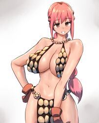 Rule 34 | 1girl, bare arms, bare legs, bare shoulders, braid, breasts, brown gloves, curvy, female focus, gloves, hand on own hip, highres, large breasts, long hair, looking at viewer, low ponytail, navel, one piece, pelvic curtain, pink hair, quanero, rebecca (one piece), revealing clothes, shiny skin, single braid, smile, solo, standing