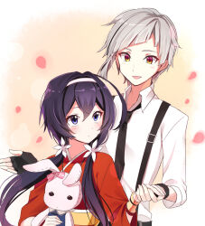 Rule 34 | 1boy, 1girl, ahoge, belt, black gloves, black hair, black necktie, blue eyes, blush, bungou stray dogs, closed mouth, collared shirt, fingerless gloves, flower, gloves, grey hair, hair flower, hair ornament, hairband, hetero, holding, holding hands, holding stuffed toy, izumi kyouka (bungou stray dogs), japanese clothes, joman, kimono, long hair, looking at another, low twintails, multicolored eyes, multicolored hair, nakajima atsushi (bungou stray dogs), necktie, open mouth, petals, purple eyes, red kimono, sash, shirt, short hair, smile, streaked hair, stuffed animal, stuffed rabbit, stuffed toy, suspenders, third-party source, twintails, white hairband, white shirt, yellow eyes, yellow sash