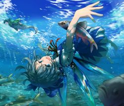 Rule 34 | 2girls, air bubble, blouse, blue dress, blue eyes, blue hair, bow, breasts, bubble, caustics, cirno, commentary, dress, dress shirt, drill hair, drill sidelocks, fairy wings, fish, freediving, frilled kimono, frills, green kimono, hair bow, ice, ice wings, iroiro yaru hito, japanese clothes, kimono, kneeless mermaid, looking at another, looking at viewer, mermaid, monster girl, multiple girls, obi, open mouth, puffy short sleeves, puffy sleeves, red ribbon, ribbon, sash, shirt, short hair, short sleeves, sidelocks, sky, small breasts, sparkle, submerged, sunlight, swimming, touhou, underwater, wakasagihime, water, white shirt, wide sleeves, wing collar, wings