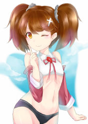 Rule 34 | 10s, 1girl, ;), adapted costume, bikini, brown eyes, brown hair, collar, cross hair ornament, detached sleeves, eyebrows, hair ornament, highres, index finger raised, kantai collection, long hair, looking at viewer, navel, neck ribbon, one eye closed, red ribbon, ribbon, ryuujou (kancolle), smile, solo, swimsuit, twintails, x hair ornament, zhi zhi/zu zu