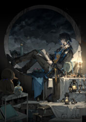 Rule 34 | 1boy, absurdres, ahoge, arknights, ascot, bishounen, black coat, black footwear, black hair, black pants, blue ascot, blue hair, book, box, candle, chair, chinese commentary, closed mouth, cloud, coat, cup, dongsheng, food, full body, highres, holding, holding book, holding pen, infection monitor (arknights), jacket, jar, jewelry, lamp, lantern, lighthouse, long sleeves, lumen (arknights), male focus, multicolored hair, night, night sky, open book, open clothes, pants, pen, pointy ears, profile, shell, shirt, shoes, short hair, sitting, sky, solo, table, white shirt, writing