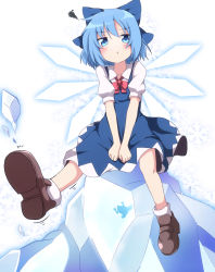 Rule 34 | 1girl, blue dress, blue eyes, blue hair, blue skirt, bored, bow, cirno, do (4-rt), dress, frog, frozen, frozen frog, hair bow, highres, ice, ice block, ice wings, kicking, looking at viewer, matching hair/eyes, pout, puffy sleeves, shirt, short sleeves, sitting, skirt, solo, squiggle, touhou, v arms, wings