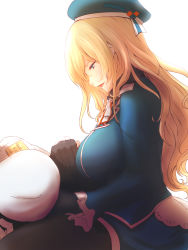 Rule 34 | 10s, 1boy, 1girl, admiral (kancolle), atago (kancolle), backlighting, black gloves, black pantyhose, blonde hair, blush, breasts, dearmybrothers, gloves, hat, highres, kantai collection, lap pillow, large breasts, long hair, military, military uniform, pantyhose, personification, profile, smile, uniform