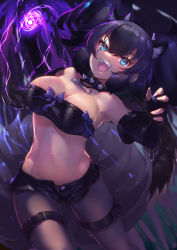 Rule 34 | 1girl, :d, animal ear fluff, animal ears, arm up, bare shoulders, black gloves, black hair, black shorts, blue eyes, breasts, buttons, cerberus (kemono friends), cleavage, collar, commentary, dog ears, elbow gloves, extra ears, fang, fingerless gloves, gloves, glowing, groin, hair between eyes, highres, kemono friends, large breasts, pantyhose under shorts, long hair, looking at viewer, micro shorts, navel, open clothes, open fly, open mouth, open shorts, pantyhose, shorts, smile, solo, spiked collar, spikes, stomach, strapless, tadano magu, tail, thigh strap, tube top, twintails, unbuttoned