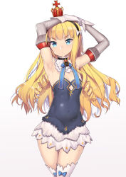 Rule 34 | &gt;:o, 1girl, anchor symbol, armpits, arms up, azur lane, bare shoulders, blonde hair, blue dress, blue eyes, breasts, cleavage, covered navel, cowboy shot, cross, crown, detached collar, detached sleeves, dress, gloves, hair ribbon, headband, long hair, looking at viewer, mini crown, nagase haruhito, parted lips, queen elizabeth (azur lane), ribbon, ringlets, sidelocks, simple background, skin tight, skirt, small breasts, solo, thighhighs, v-shaped eyebrows, wavy hair, white background, white gloves, white skirt, white thighhighs, zettai ryouiki