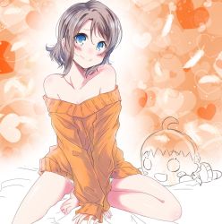Rule 34 | 1girl, barefoot, bed sheet, blue eyes, blush, breasts, brown hair, cleavage, collarbone, feathers, hair between eyes, head tilt, heart, highres, love live!, love live! sunshine!!, naked sweater, no pants, orange sweater, short hair, sitting, small breasts, smile, solo, sweater, watanabe you, white feathers, zero-theme