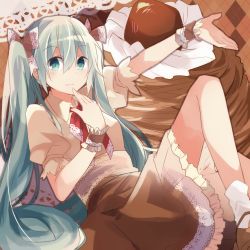 Rule 34 | 1girl, aqua hair, bow, green eyes, hair bow, hatsune miku, long hair, looking at viewer, outstretched arm, sitting, skirt, socks, solo, twintails, very long hair, vocaloid, yuruno