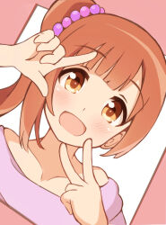 Rule 34 | 1girl, :d, bare shoulders, blunt bangs, blush, brown eyes, brown hair, collarbone, commentary request, dot nose, dutch angle, hair ornament, hair scrunchie, hand up, idolmaster, idolmaster cinderella girls, idolmaster cinderella girls starlight stage, igarashi kyoko, index finger raised, kuwahara, looking at viewer, medium hair, multicolored background, off shoulder, one side up, open mouth, pink background, pink scrunchie, pink shirt, portrait, scrunchie, shirt, side ponytail, simple background, smile, solo, swept bangs, v, white background