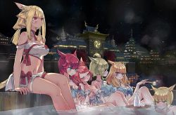 Rule 34 | 6+girls, animal ears, architecture, bare shoulders, bikini, bikini top only, blonde hair, blue eyes, blunt bangs, blush, bottle, braid, breasts, cat ears, cat tail, city, cleavage, contrapposto, criss-cross halter, detached collar, east asian architecture, facial mark, final fantasy, final fantasy xiv, frilled bikini, frills, full-face blush, green eyes, halterneck, highres, hiyo moo, hot tub, jacket, long hair, medium breasts, miqo&#039;te, multiple girls, night, open clothes, open jacket, open mouth, partially submerged, pleated skirt, red eyes, red hair, sake bottle, sitting, skirt, sky, sleeping, star (sky), starry sky, swept bangs, swimsuit, tail, thigh strap, tokkuri, twin braids, water, white bikini