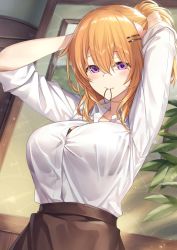 Rule 34 | 1girl, aged up, alternate breast size, arms up, black bra, blush, bra, bra peek, bra visible through clothes, breasts, brown skirt, button gap, collared shirt, commentary request, cowboy shot, dress shirt, gochuumon wa usagi desu ka?, hair between eyes, hair ornament, hair tie, hairclip, highres, hoto cocoa, indoors, ks (xephyrks), large breasts, long hair, looking at viewer, mouth hold, original, picture frame, purple eyes, shirt, shirt tucked in, skirt, sleeves rolled up, solo, tying hair, underwear, white shirt