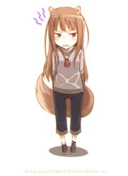 Rule 34 | 00s, 1girl, animal ears, ayakura juu, holo, novel illustration, official art, simple background, solo, spice and wolf, tail, wolf ears, wolf tail