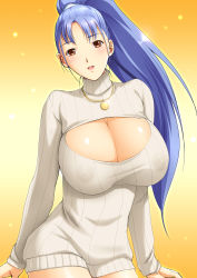 Rule 34 | 1girl, blue hair, breasts, brown eyes, cleavage, covered erect nipples, dragon@harry, highres, huge breasts, jewelry, long hair, looking at viewer, meme attire, necklace, nipples, no bra, open-chest sweater, original, ponytail, ribbed sweater, smile, solo, sweater, turtleneck