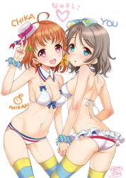 Rule 34 | 10s, 2girls, :o, adapted costume, ahoge, ass, bikini, blue eyes, blush, breasts, brown hair, cleavage, clover hair ornament, collarbone, commentary request, detached collar, frilled bikini, frills, hair ornament, hair ribbon, hat, interlocked fingers, looking at viewer, love live!, love live! sunshine!!, medium breasts, mini hat, multiple girls, nanase meruchi, navel, open mouth, red eyes, ribbon, scrunchie, short hair, skindentation, smile, strap gap, striped clothes, striped legwear, striped thighhighs, swimsuit, takami chika, thighhighs, watanabe you, white bikini, wrist scrunchie
