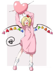 Rule 34 | 1girl, :d, ^ ^, arms up, balloon, blonde hair, blush, border, casual, closed eyes, commentary request, contemporary, facing viewer, fang, flandre scarlet, full body, grey background, happy, hat, hat ribbon, heart, heart balloon, highres, holding, holding balloon, kameyan, laevatein (tail), long sleeves, one side up, open mouth, pink footwear, pink sweater, red ribbon, ribbon, short hair, sidelocks, sleeves past wrists, slippers, smile, socks, solo, standing, sweater, tail, touhou, white border, white socks, wings