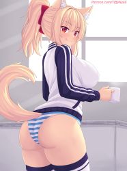 Rule 34 | 1girl, :q, animal ear fluff, animal ears, ass, blonde hair, blush, breasts, cat ears, cat girl, cat tail, cup, from behind, hair ornament, highres, holding, holding cup, jacket, large breasts, long hair, long sleeves, looking at viewer, looking back, nottytiffy, original, panties, patreon username, ponytail, red eyes, slit pupils, smile, solo, striped clothes, striped panties, tail, thighhighs, thighs, tiffy (nottytiffy), tongue, tongue out, underwear, wedgie, white thighhighs